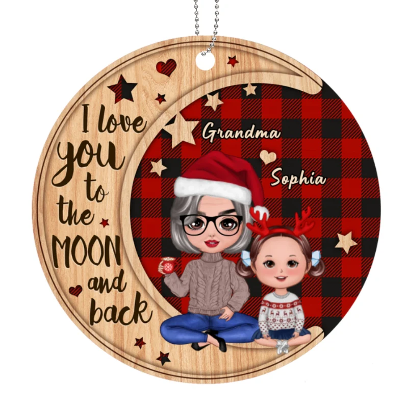 Checkered Pattern Doll Grandma & Grandkid On Moon Personalized Wooden Ornament - Image 5