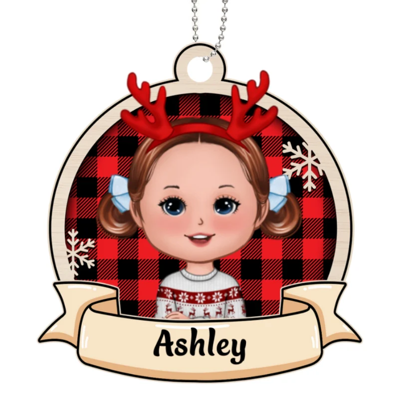Checkered Pattern Doll Kids Personalized Wooden Ornament