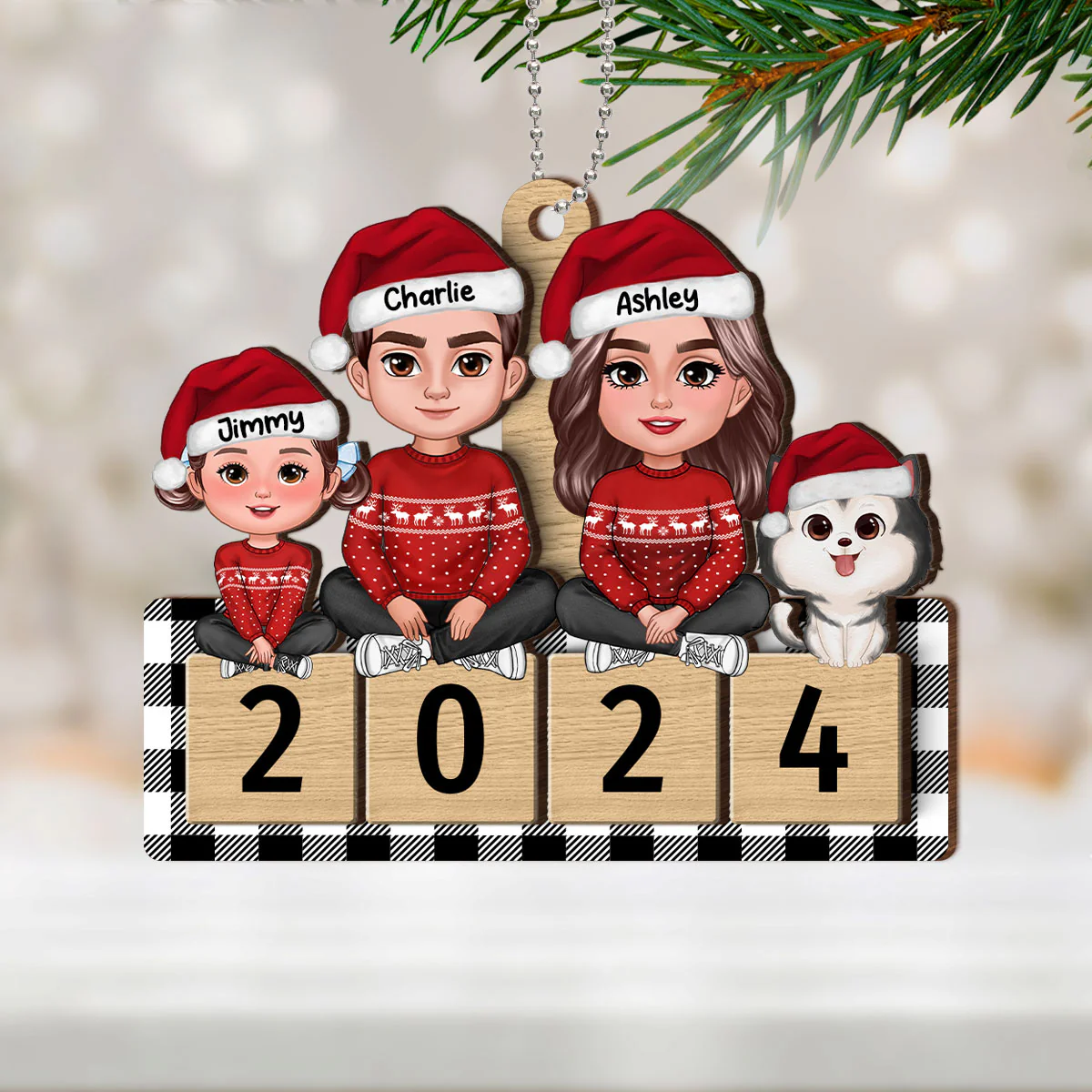 Checkered Pattern Family Sitting On 2024 Puzzle Personalized Wooden Ornament - Image 3