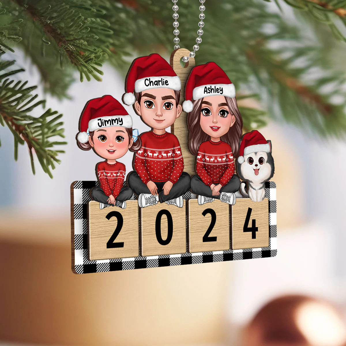 Checkered Pattern Family Sitting On 2024 Puzzle Personalized Wooden Ornament - Image 4