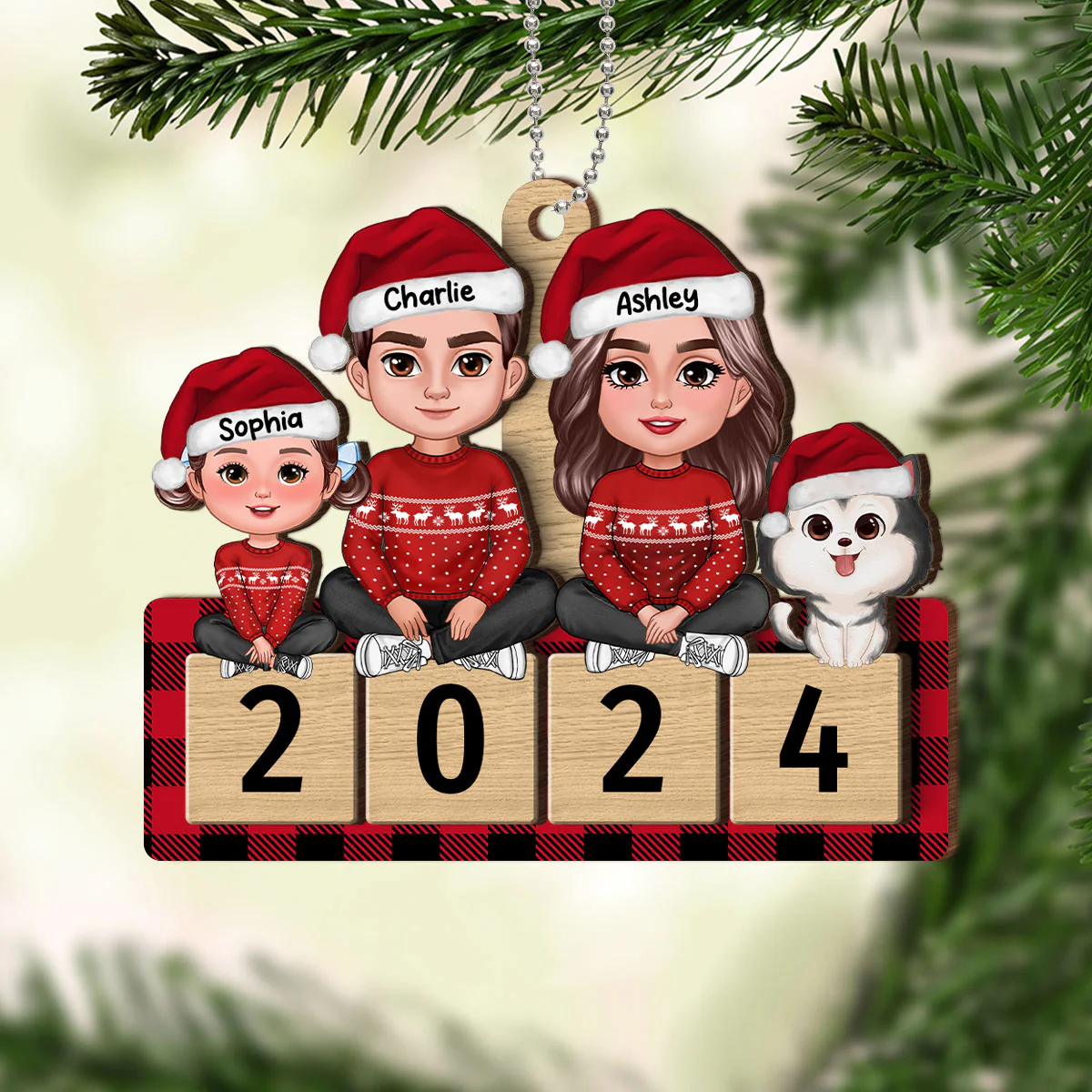 Checkered Pattern Family Sitting On 2024 Puzzle Personalized Wooden Ornament - Image 6