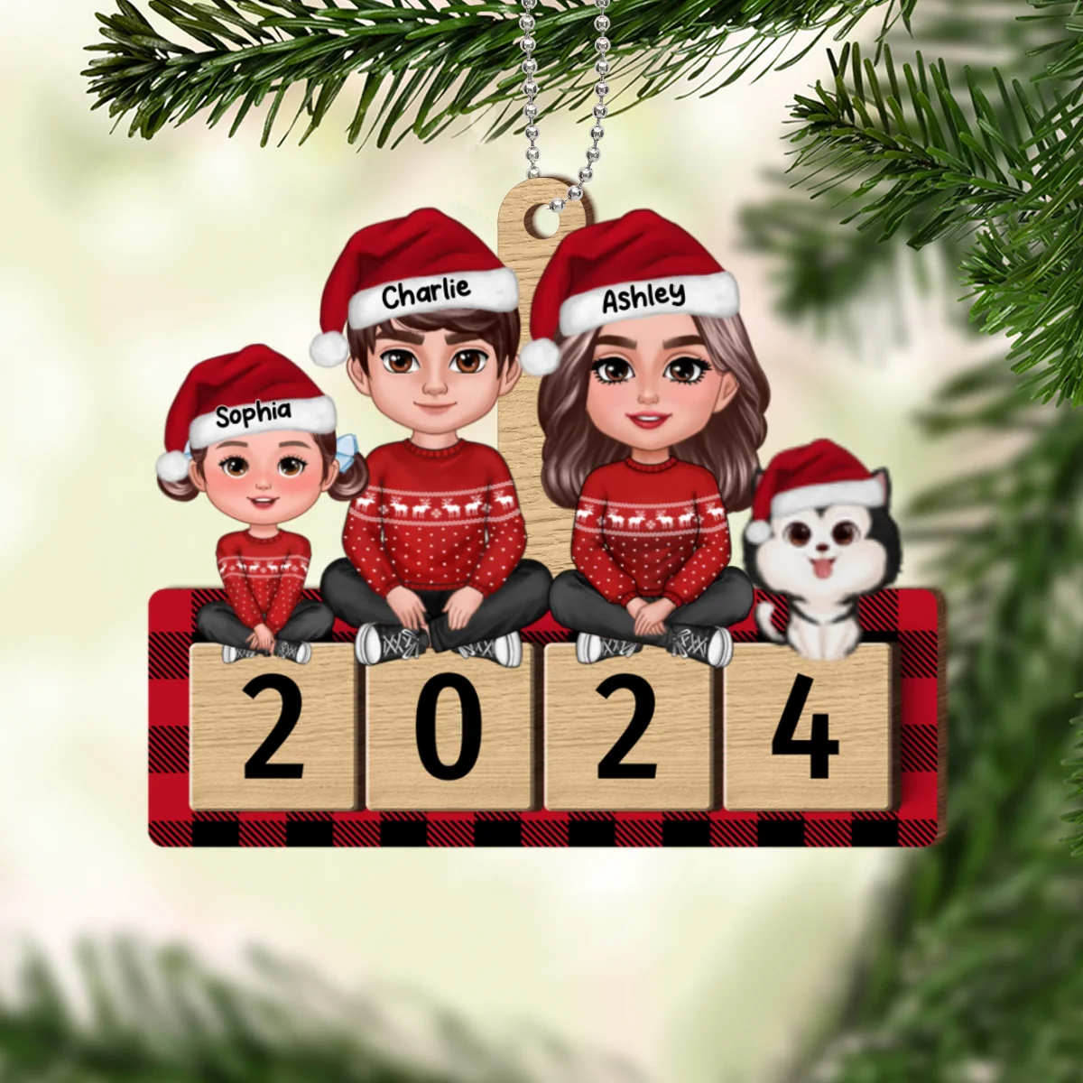 Checkered Pattern Family Sitting On 2024 Puzzle Personalized Wooden Ornament - Image 9