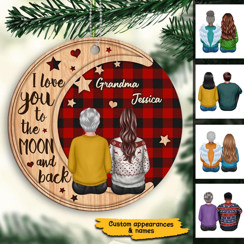 Checkered Pattern Grandma Adult Grandkid On Moon Personalized Wooden Ornament - Image 2
