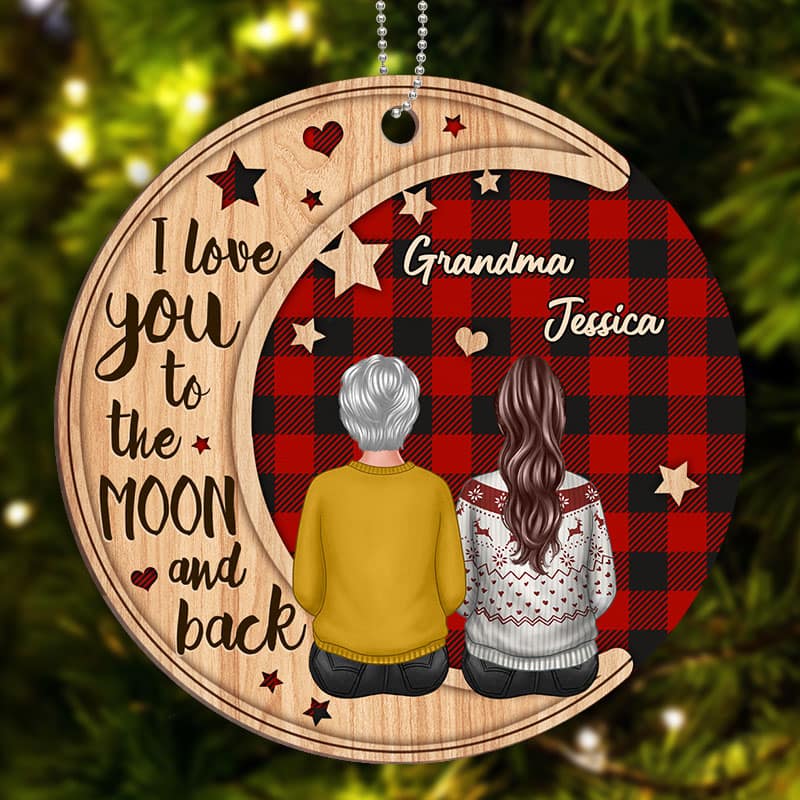 Checkered Pattern Grandma Adult Grandkid On Moon Personalized Wooden Ornament - Image 3