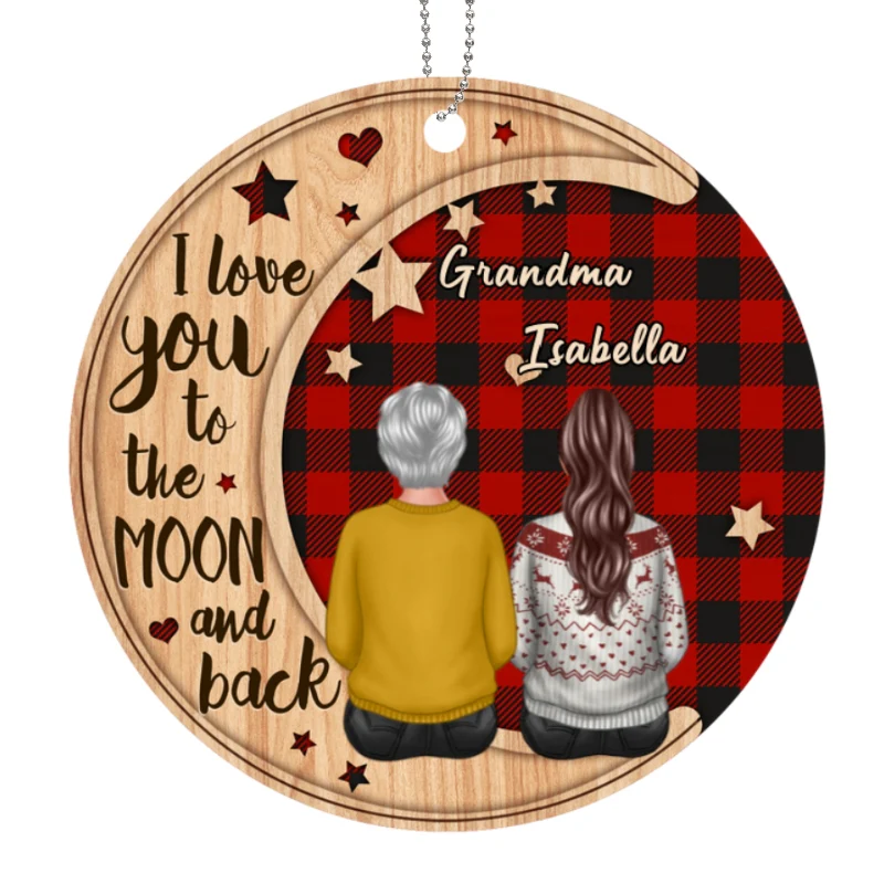 Checkered Pattern Grandma Adult Grandkid On Moon Personalized Wooden Ornament - Image 4