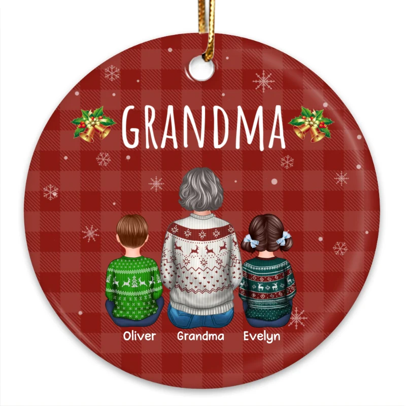 Checkered Pattern Grandma And Grandkids Christmas Personalized Circle Ornament - Image 3