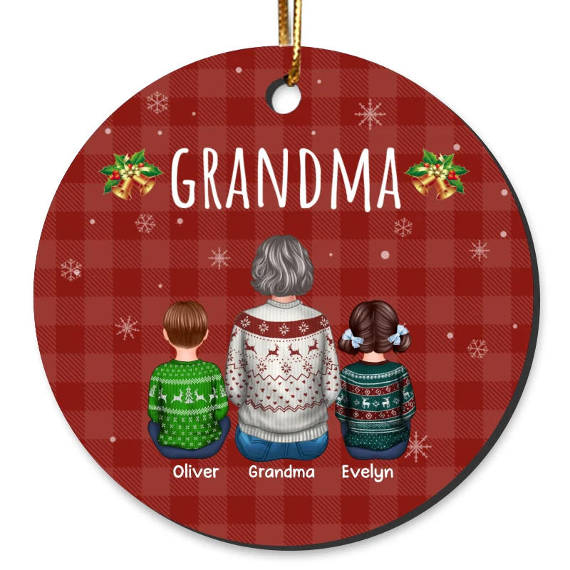 Checkered Pattern Grandma And Grandkids Christmas Personalized Circle Ornament - Image 4