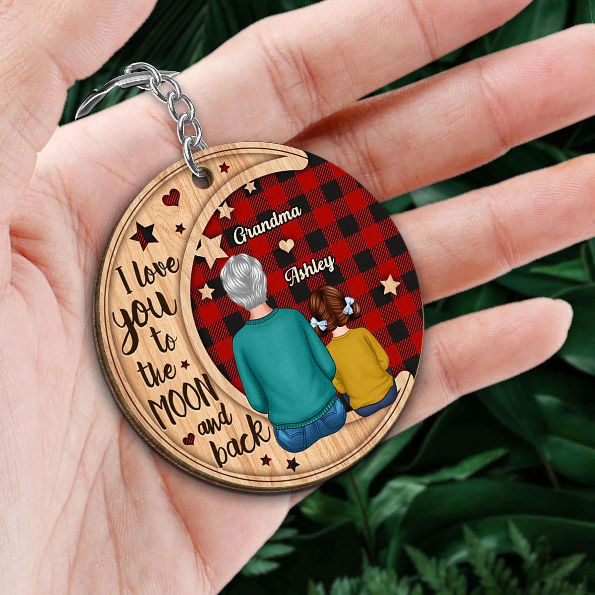 Checkered Pattern Grandma Grandkid On Moon Gift For Grandma Granddaughter Grandson Personalized Wooden Keychain - Image 2