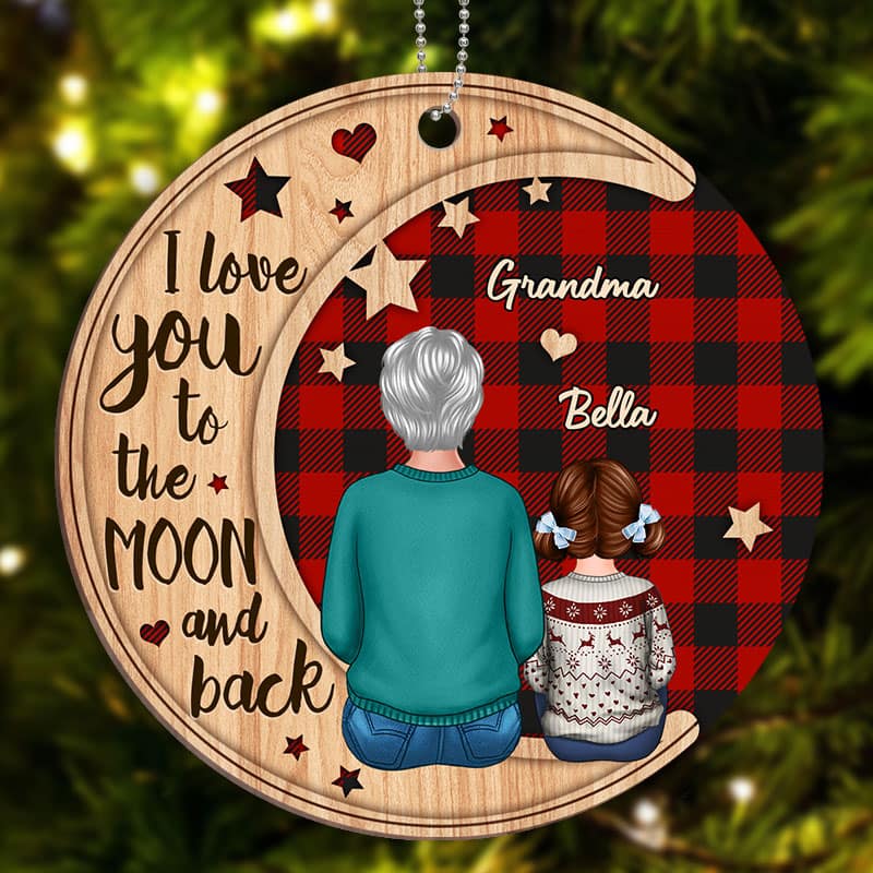 Checkered Pattern Grandma Grandkids On Moon Personalized Wooden Ornament - Image 3