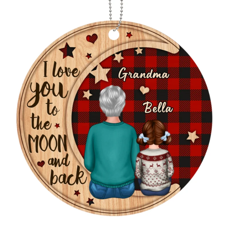 Checkered Pattern Grandma Grandkids On Moon Personalized Wooden Ornament - Image 4