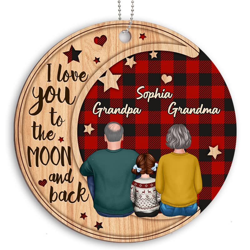Checkered Pattern Grandma Grandpa Grandkid On Moon Personalized Wooden Ornament