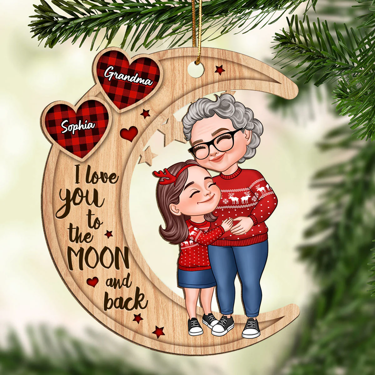 Checkered Pattern Heart Cartoon Grandma & Grandkid Hugging On Moon Personalized Wooden Ornament - Image 2
