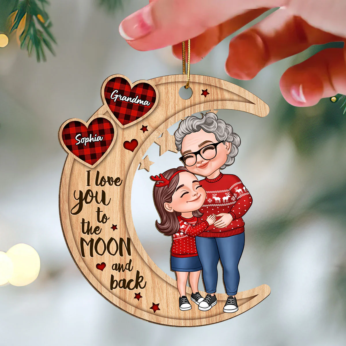 Checkered Pattern Heart Cartoon Grandma & Grandkid Hugging On Moon Personalized Wooden Ornament - Image 3