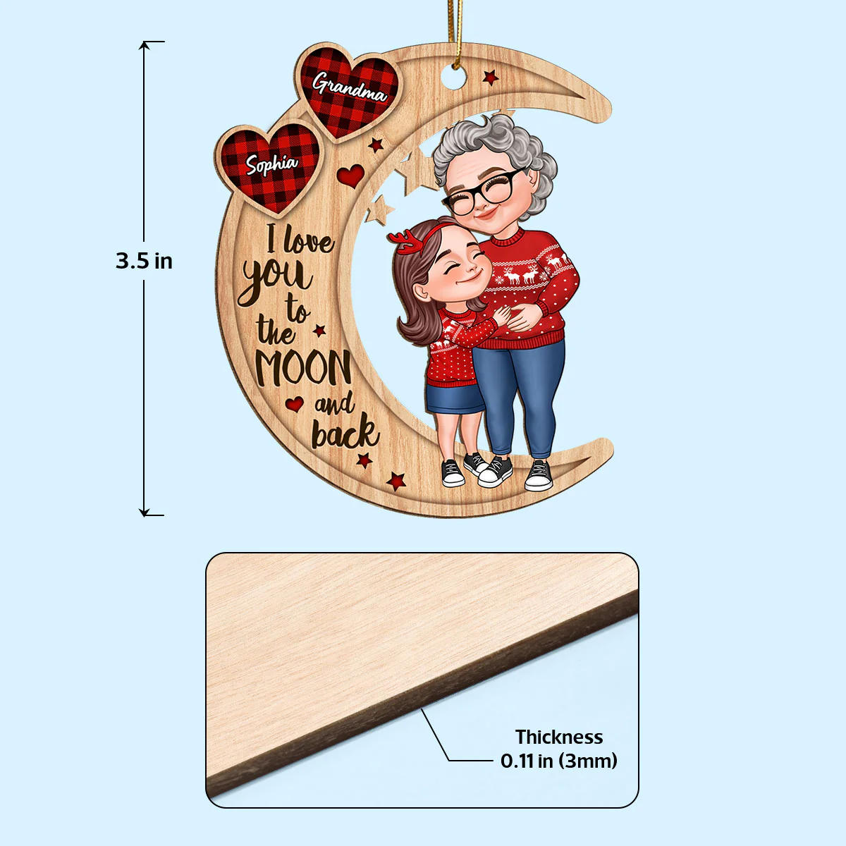 Checkered Pattern Heart Cartoon Grandma & Grandkid Hugging On Moon Personalized Wooden Ornament - Image 4