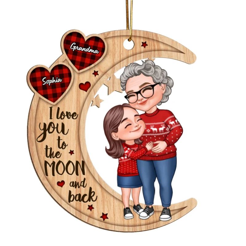 Checkered Pattern Heart Cartoon Grandma & Grandkid Hugging On Moon Personalized Wooden Ornament - Image 5