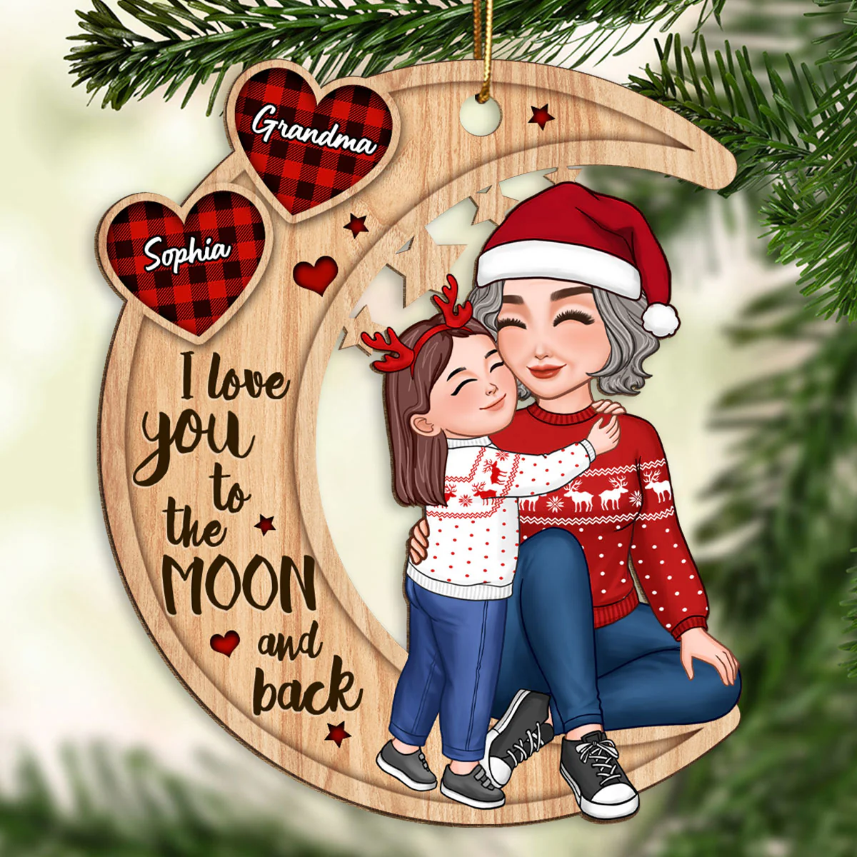 Checkered Pattern Heart Cute Grandkid Hugging Sitting Grandma On Moon Personalized Wooden Ornament - Image 2