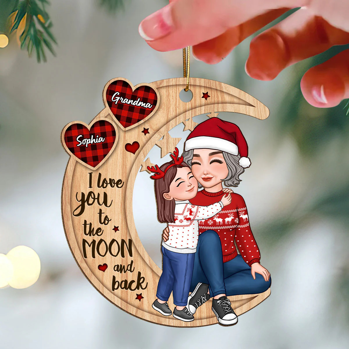 Checkered Pattern Heart Cute Grandkid Hugging Sitting Grandma On Moon Personalized Wooden Ornament - Image 3