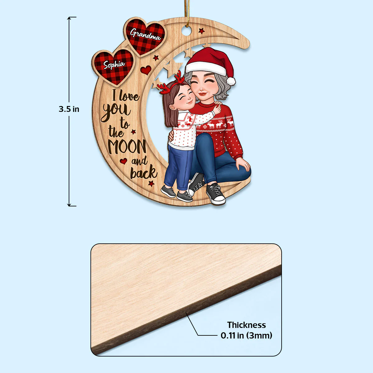Checkered Pattern Heart Cute Grandkid Hugging Sitting Grandma On Moon Personalized Wooden Ornament - Image 4