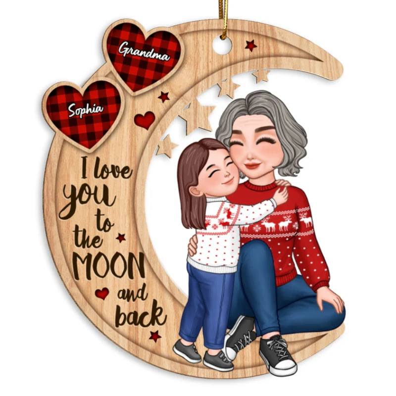 Checkered Pattern Heart Cute Grandkid Hugging Sitting Grandma On Moon Personalized Wooden Ornament - Image 5