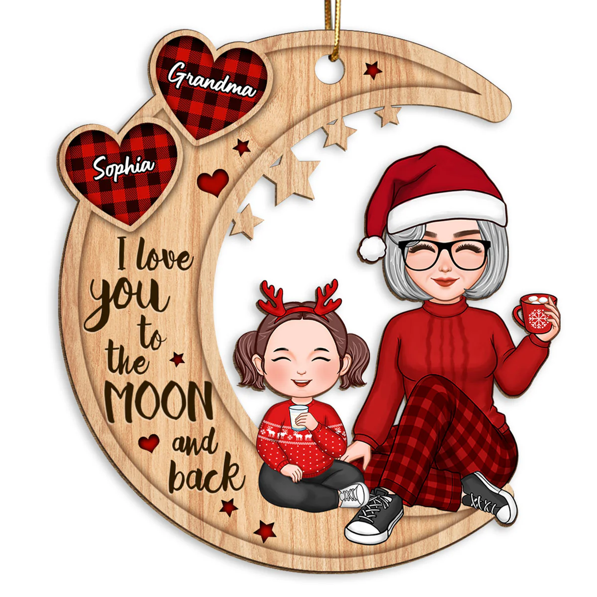 Checkered Pattern Heart Cute Grandma & Grandkid Sitting On Moon Personalized Wooden Ornament - Image 2