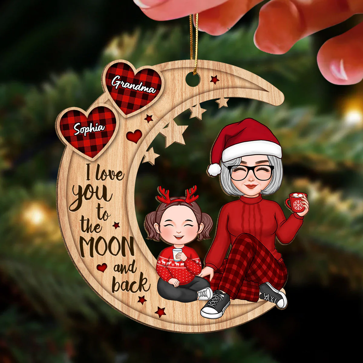 Checkered Pattern Heart Cute Grandma & Grandkid Sitting On Moon Personalized Wooden Ornament - Image 3