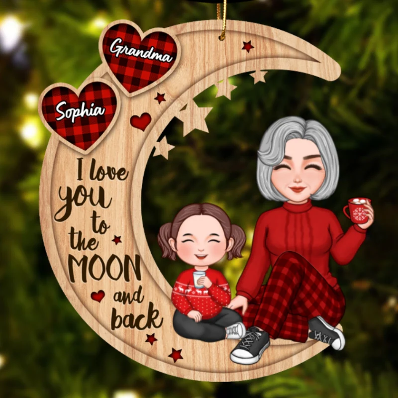 Checkered Pattern Heart Cute Grandma & Grandkid Sitting On Moon Personalized Wooden Ornament - Image 5