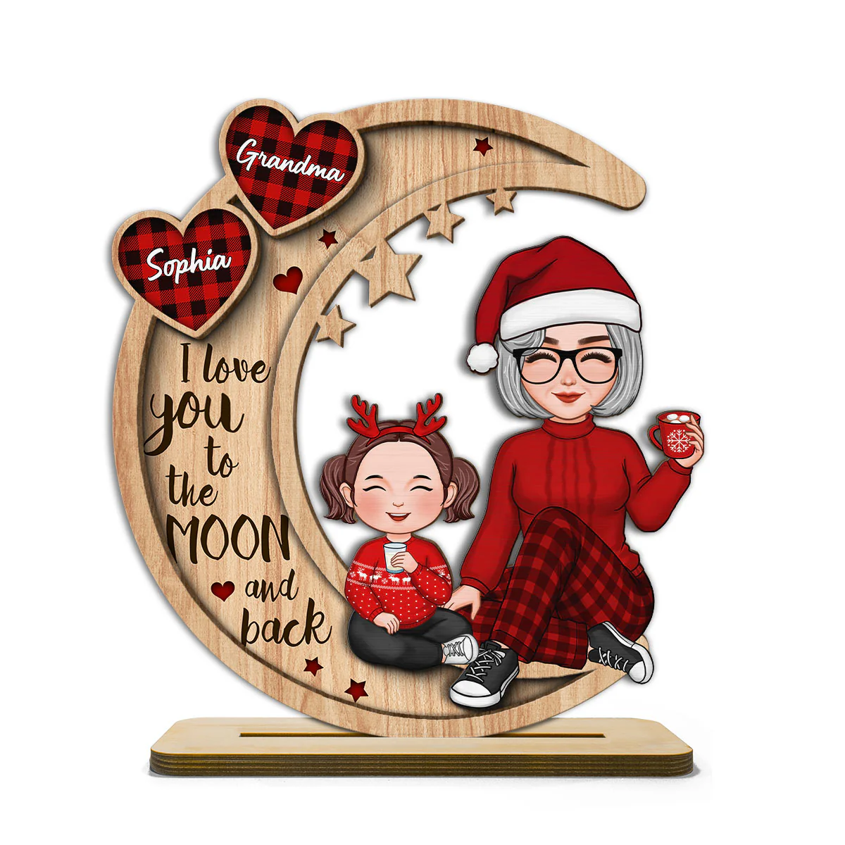 Checkered Pattern Heart Cute Grandma Grandkids Sitting On Moon Christmas Personalized 2-Layer Standing Wooden Plaque - Image 10