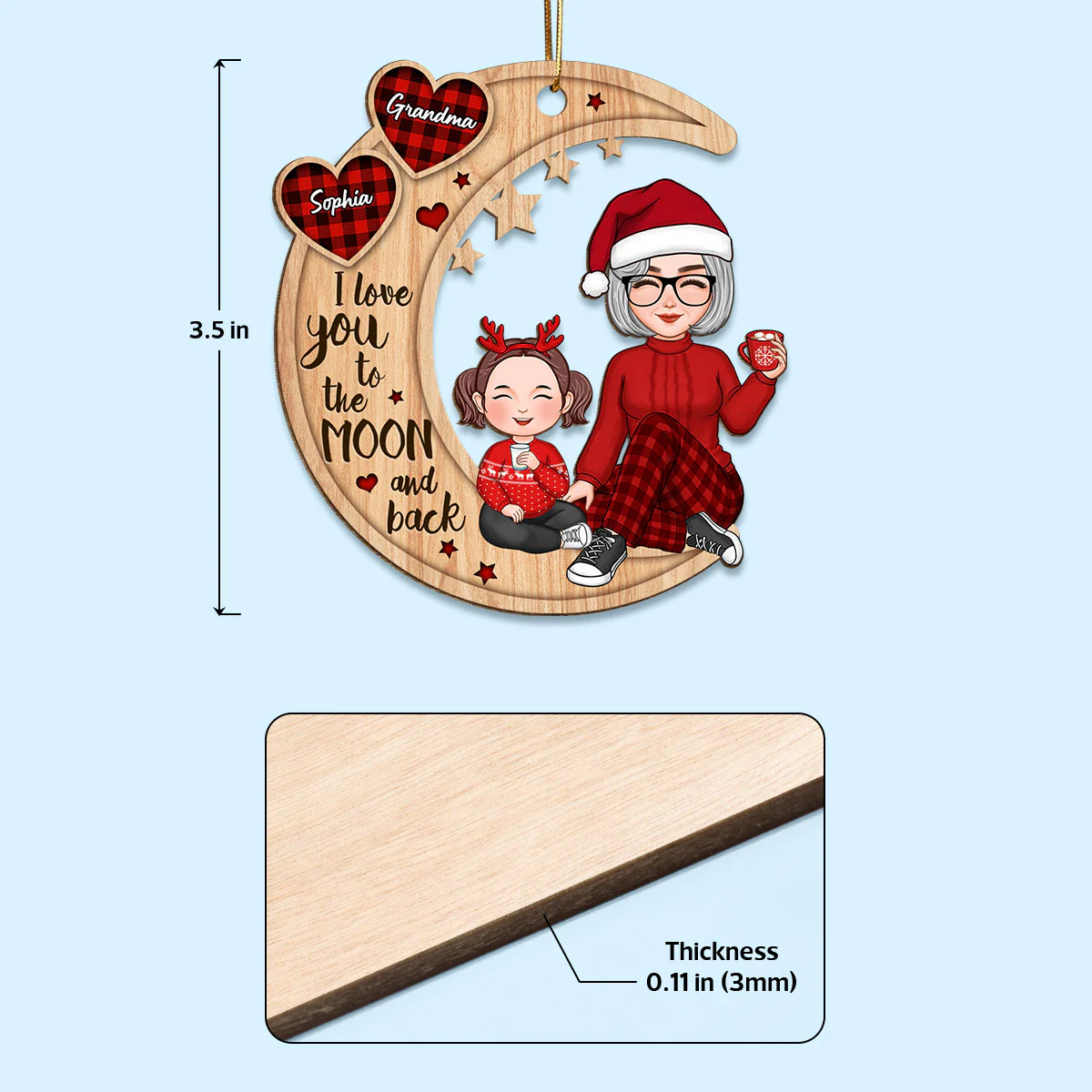 Checkered Pattern Heart Cute Grandma & Grandkid Sitting On Moon Personalized Wooden Ornament - Image 4