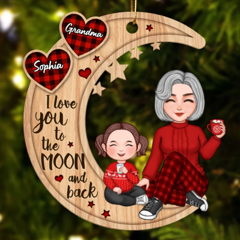 Checkered Pattern Heart Cute Grandma & Grandkid Sitting On Moon Personalized Wooden Ornament - Image 5