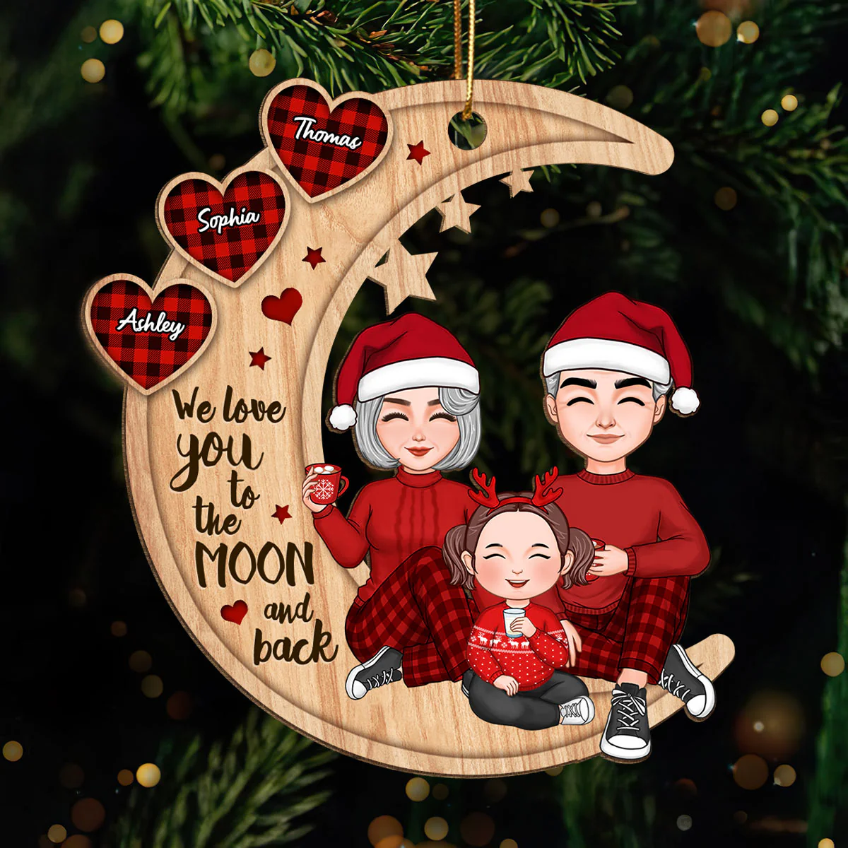 Checkered Pattern Heart Cute Grandma Grandpa & Grandkid Sitting On Moon Personalized Wooden Ornament - Image 2