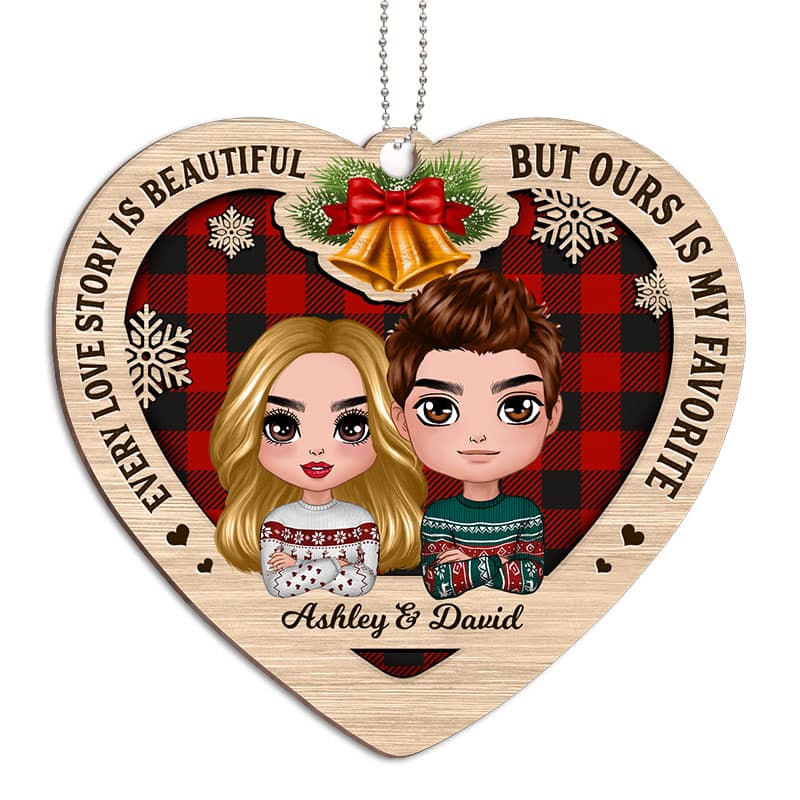 Checkered Pattern Heart Shape Doll Couple Personalized Wooden Ornament