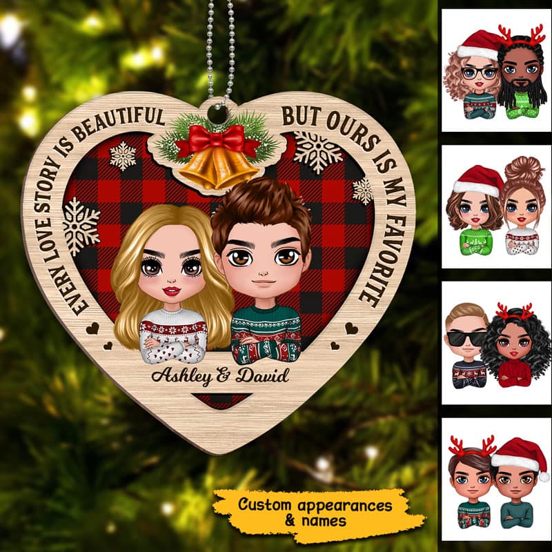 Checkered Pattern Heart Shape Doll Couple Personalized Wooden Ornament - Image 2