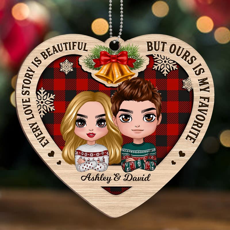 Checkered Pattern Heart Shape Doll Couple Personalized Wooden Ornament - Image 3