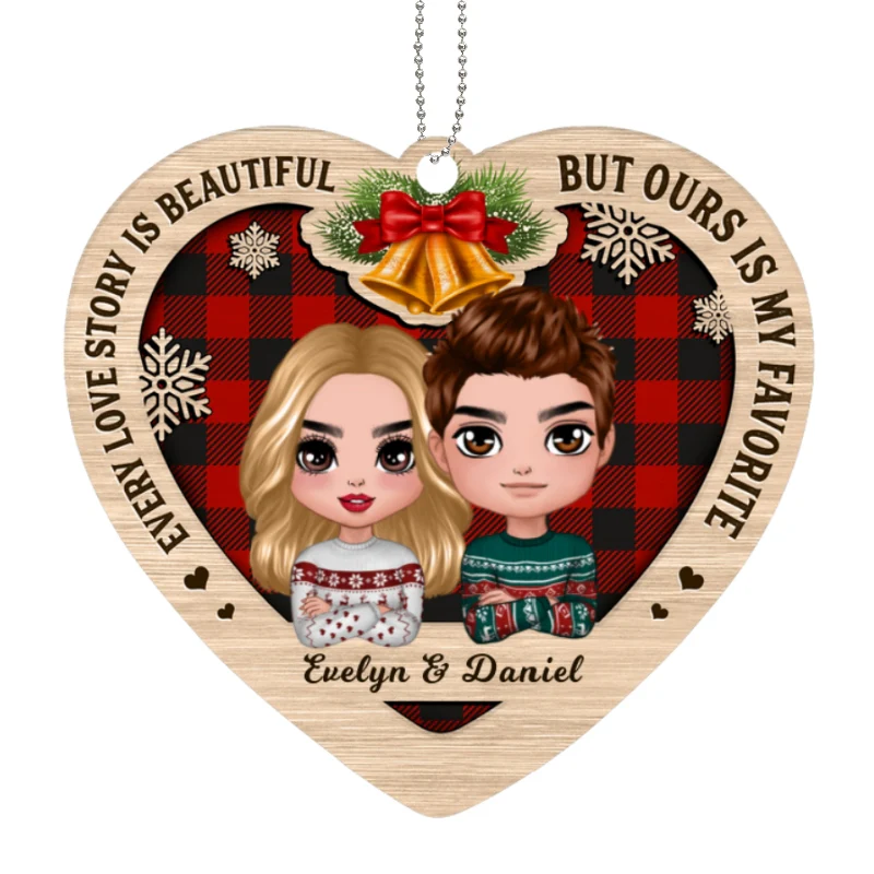 Checkered Pattern Heart Shape Doll Couple Personalized Wooden Ornament - Image 4
