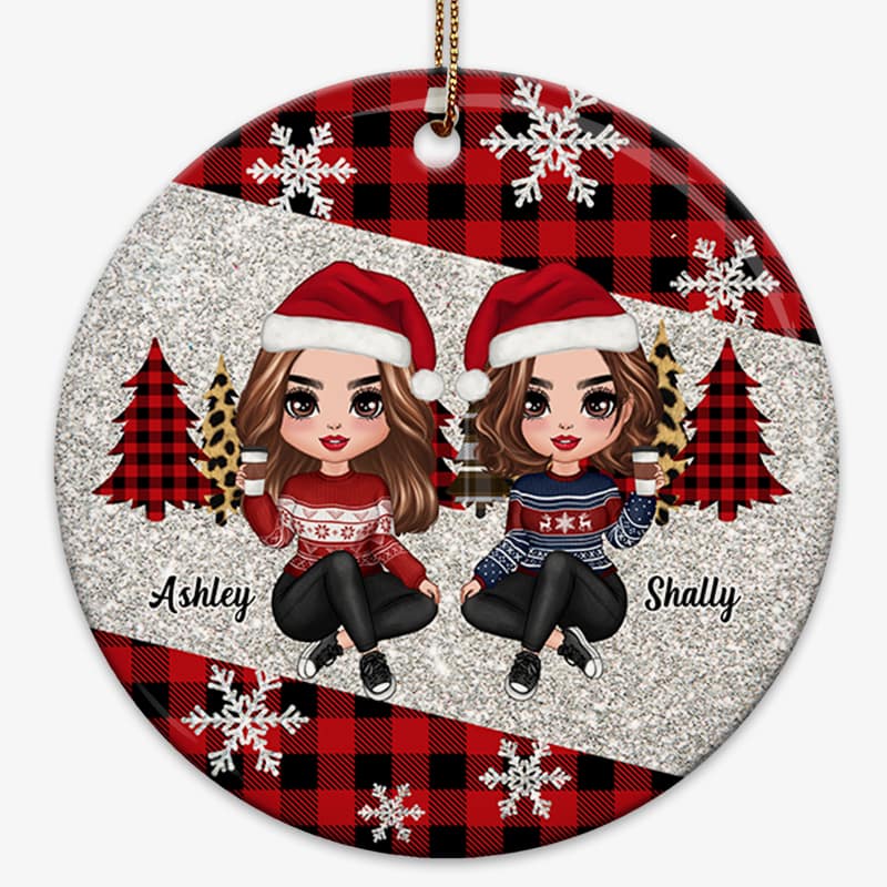 Checkered Pattern Snowflake Doll Sisters Besties Personalized Circle Ornament