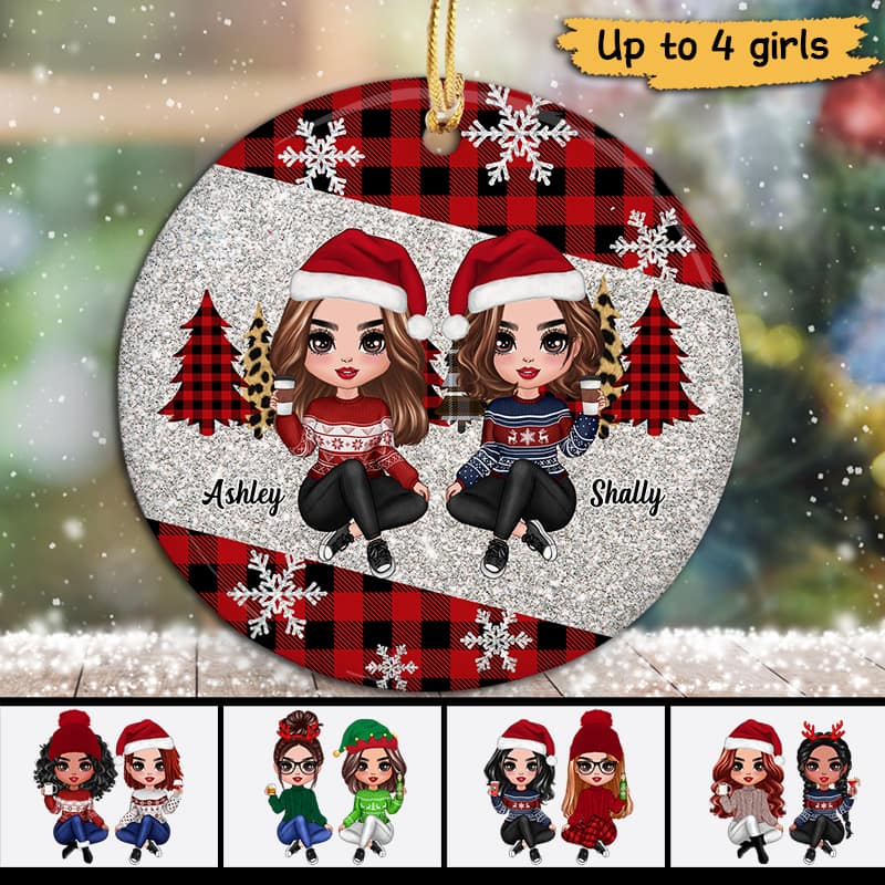 Checkered Pattern Snowflake Doll Sisters Besties Personalized Circle Ornament - Image 2