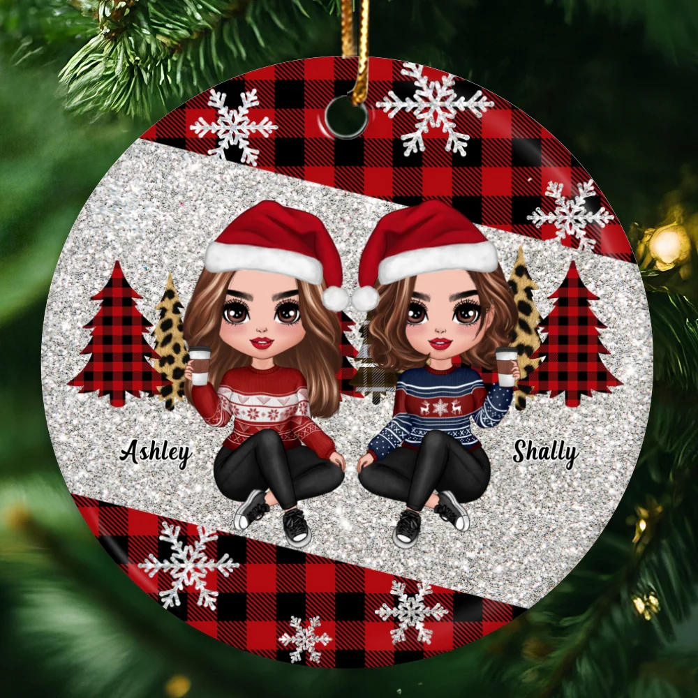 Checkered Pattern Snowflake Doll Sisters Besties Personalized Circle Ornament - Image 4