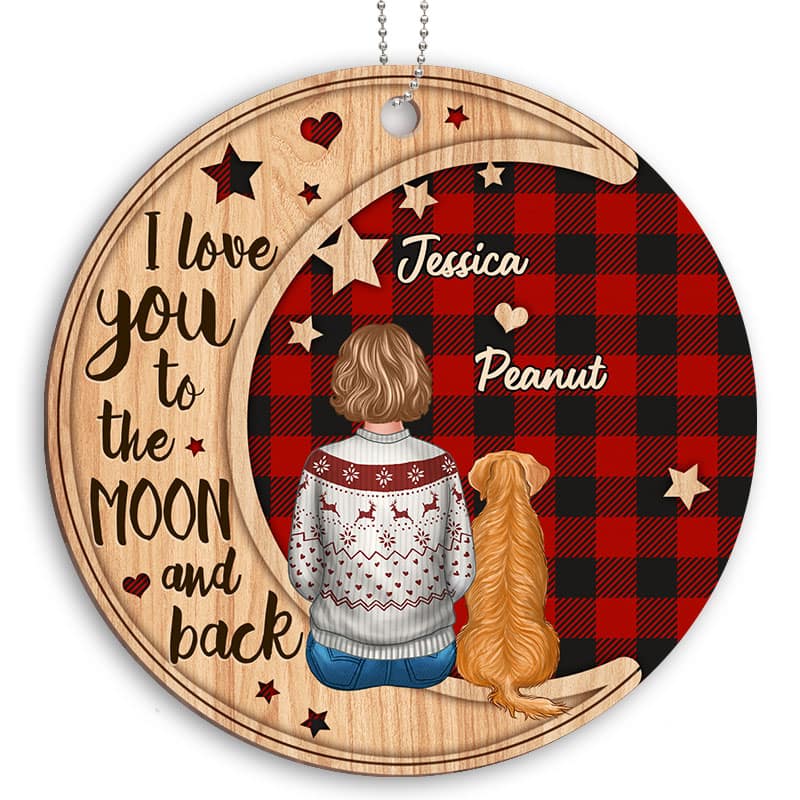 Checkered Pattern Woman Sitting With Dogs Personalized Wooden Ornament