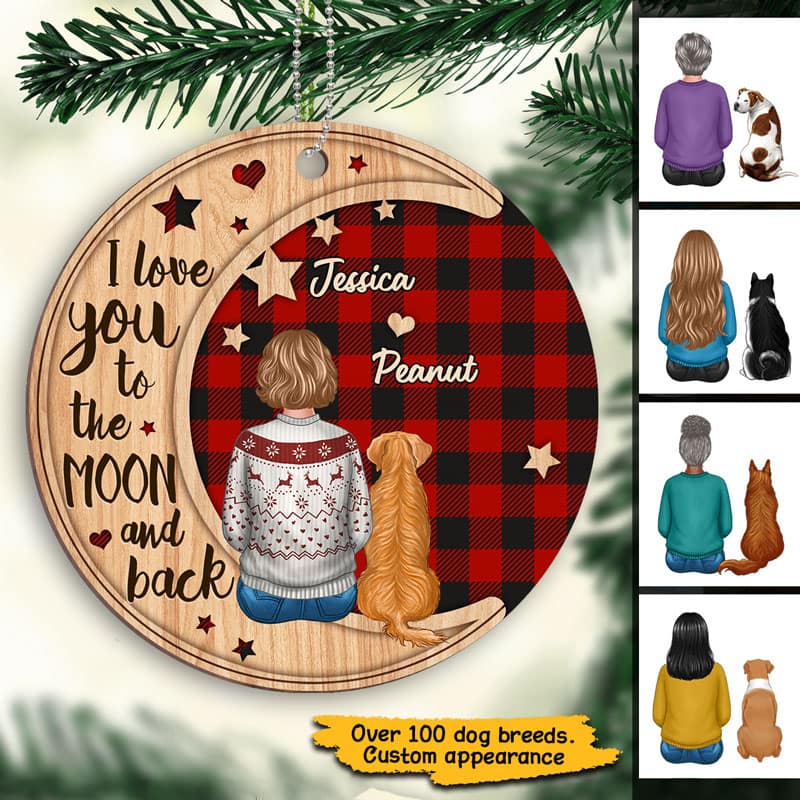 Checkered Pattern Woman Sitting With Dogs Personalized Wooden Ornament - Image 2