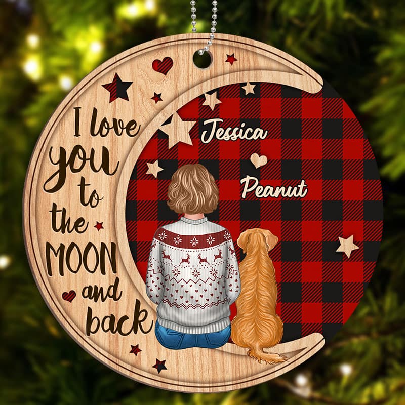 Checkered Pattern Woman Sitting With Dogs Personalized Wooden Ornament - Image 3