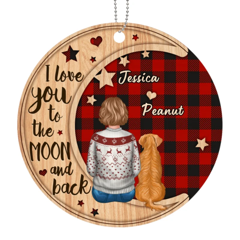 Checkered Pattern Woman Sitting With Dogs Personalized Wooden Ornament - Image 4