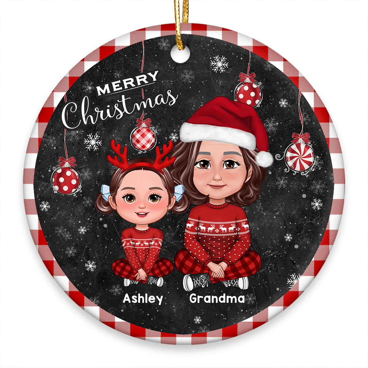 Checkered Patterned Frame And Ornaments Grandma Grandkids Personalized Cirlce Ornament