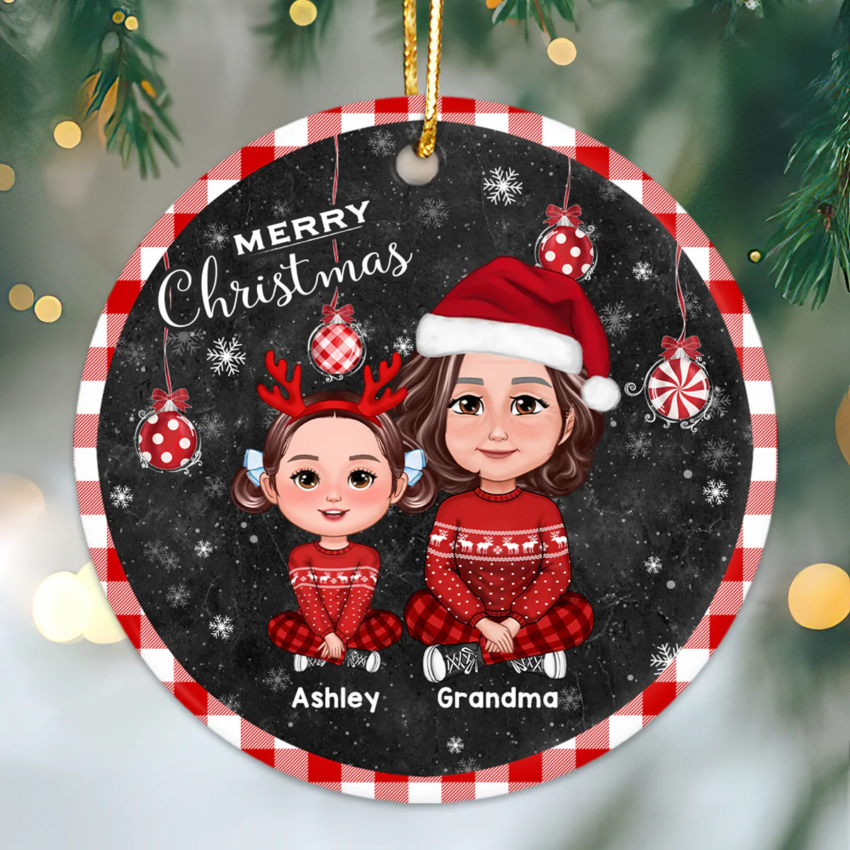 Checkered Patterned Frame And Ornaments Grandma Grandkids Personalized Cirlce Ornament - Image 2