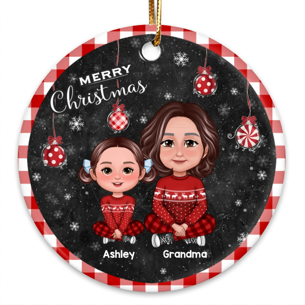 Checkered Patterned Frame And Ornaments Grandma Grandkids Personalized Cirlce Ornament - Image 6