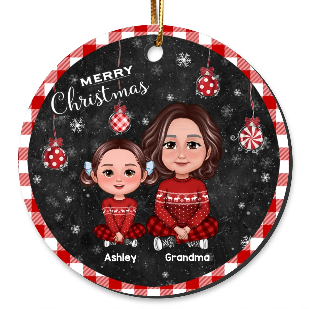 Checkered Patterned Frame And Ornaments Grandma Grandkids Personalized Cirlce Ornament - Image 7