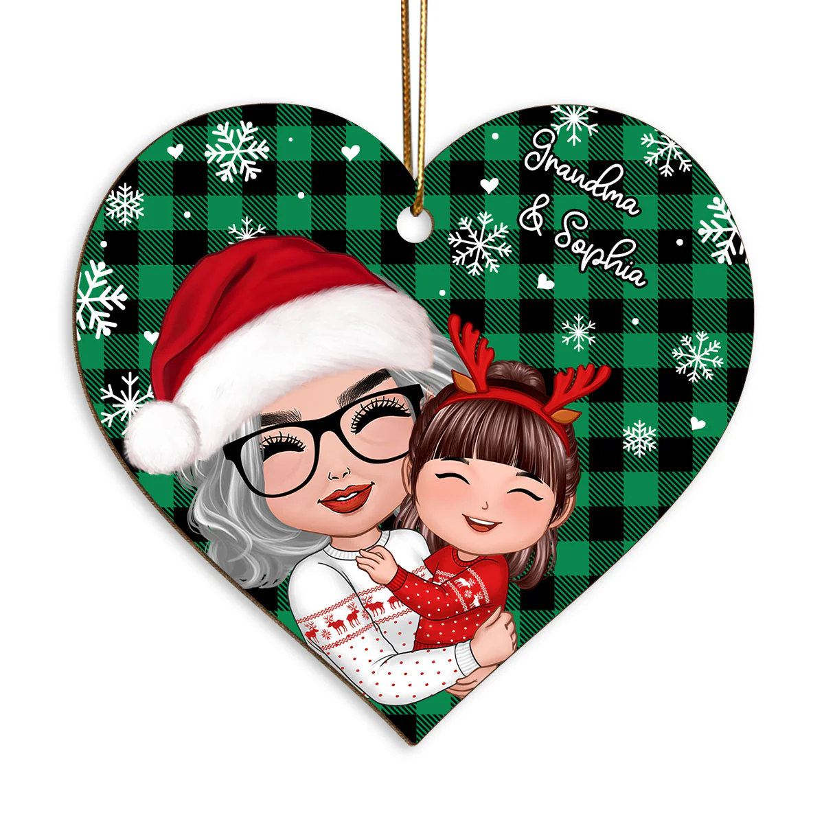Checkered Snow Pattern Doll Grandma Hugging Kid Christmas Gift For Granddaughter Grandson Personalized Wooden Ornament - Image 2