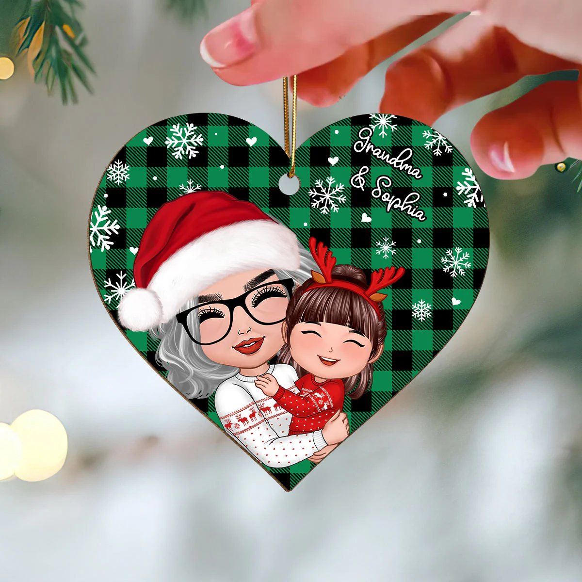 Checkered Snow Pattern Doll Grandma Hugging Kid Christmas Gift For Granddaughter Grandson Personalized Wooden Ornament - Image 3