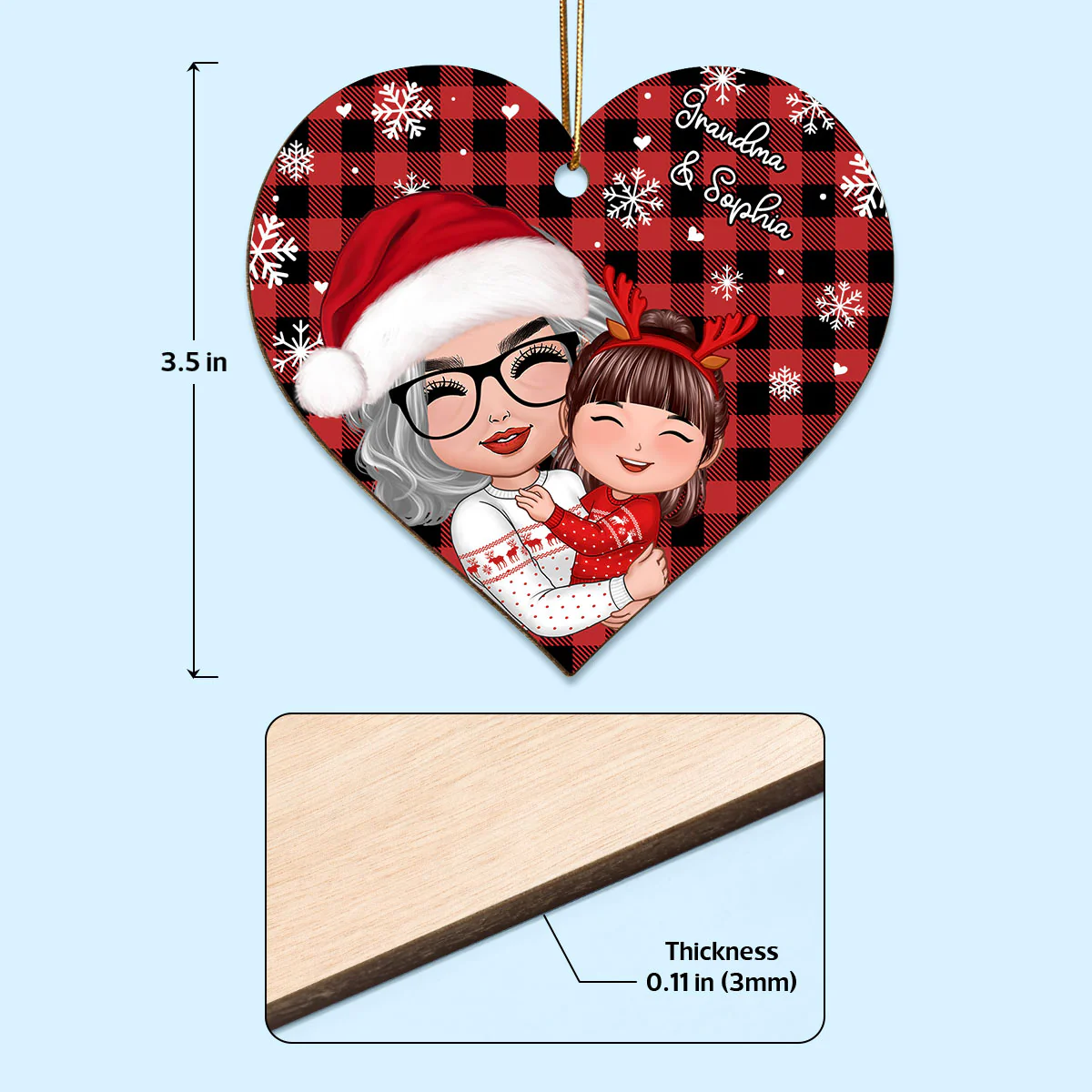 Checkered Snow Pattern Doll Grandma Hugging Kid Christmas Gift For Granddaughter Grandson Personalized Wooden Ornament - Image 4