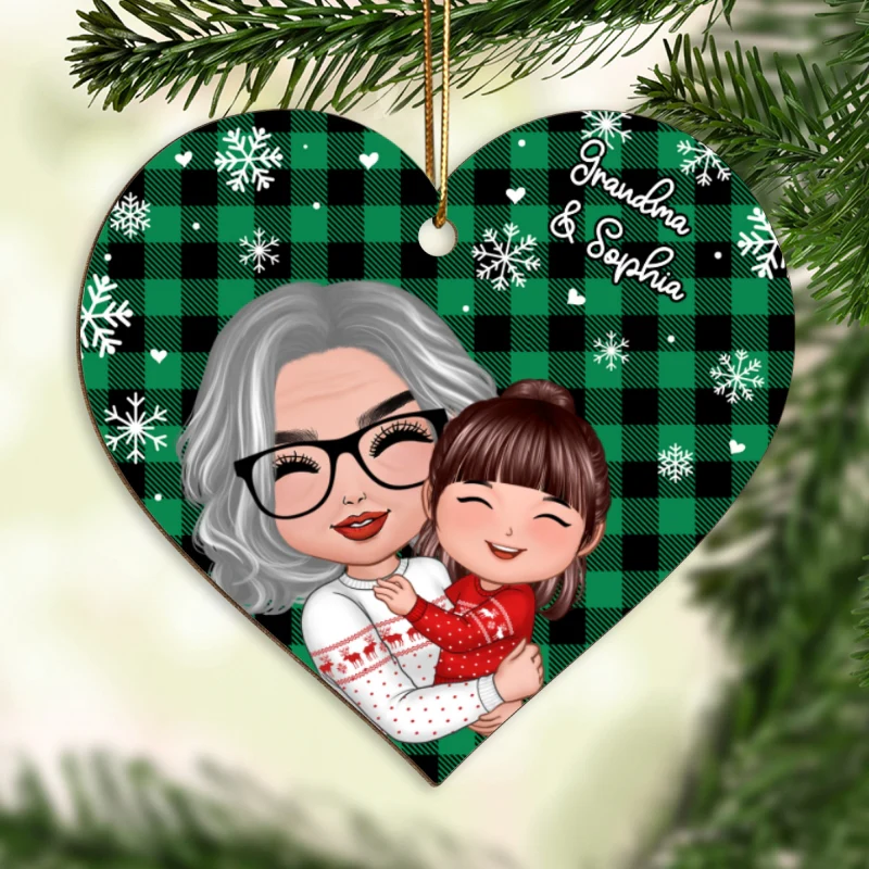 Checkered Snow Pattern Doll Grandma Hugging Kid Christmas Gift For Granddaughter Grandson Personalized Wooden Ornament - Image 5