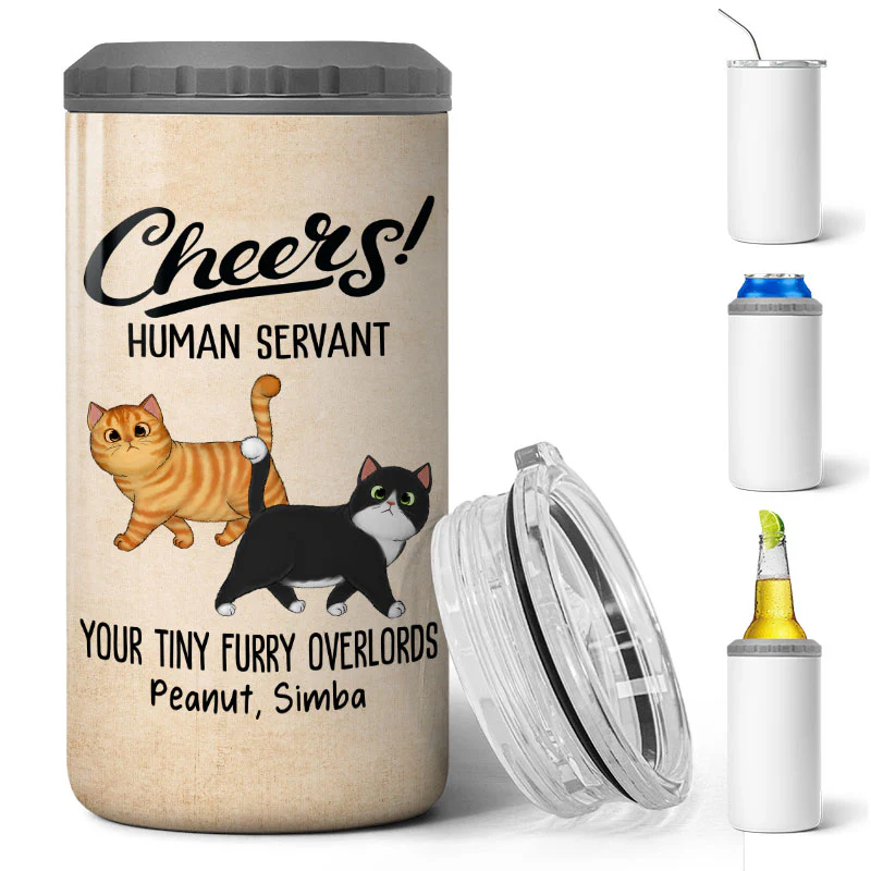 Cheers Human Servant Walking Fluffy Cat Funny Gift For Cat Lovers Personalized 4 In 1 Can Cooler - Image 3